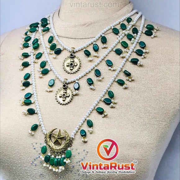 Pearls Beaded Multilayers Bib Necklace, Handmade Three Layers Bib Necklace, - Picture 2 of 8